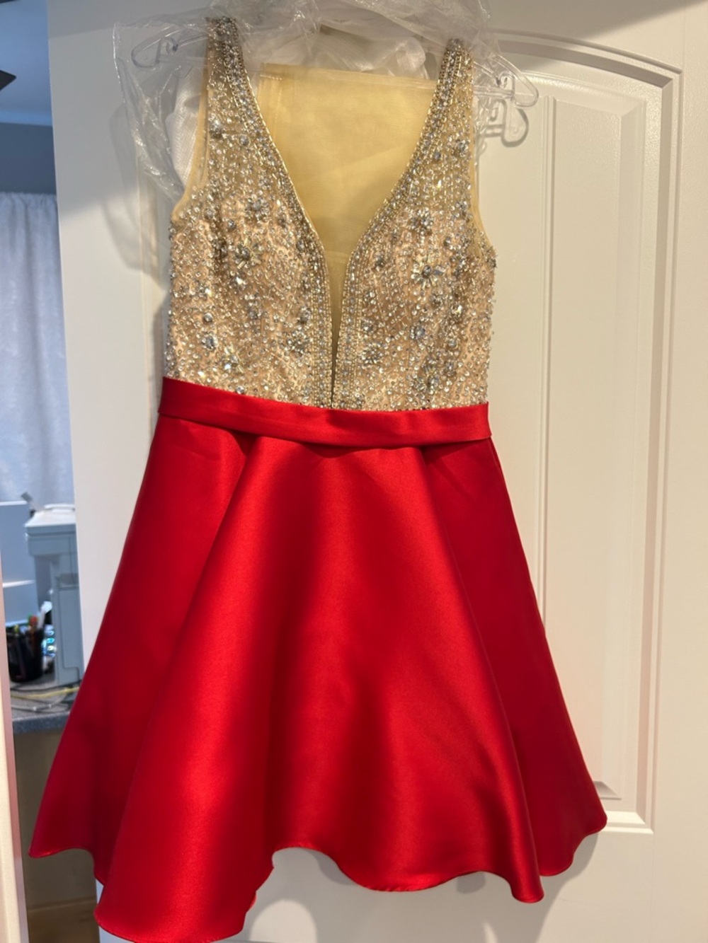 Red Satin Skater Dress with Gold Beaded Bodice Jovani size 6